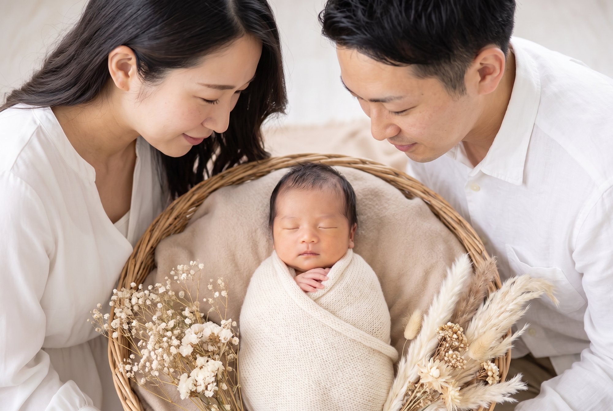 眠る新生児を挟み、両側から見守る両親