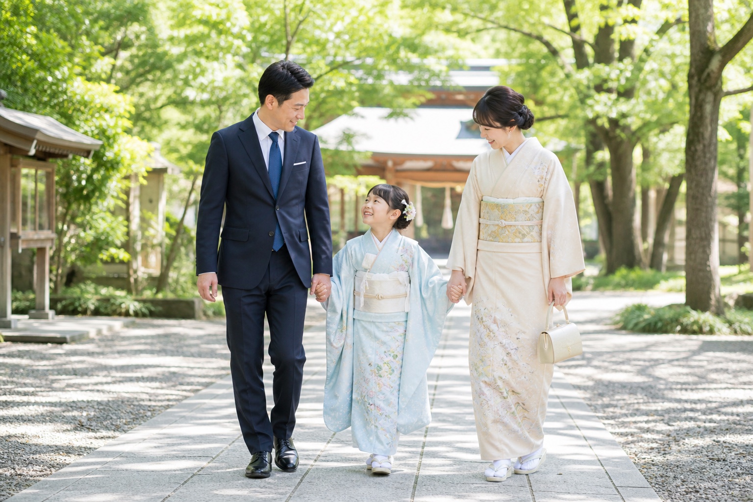 新緑の神社で、七五三の晴れ着を着た娘と手をつないで歩く両親