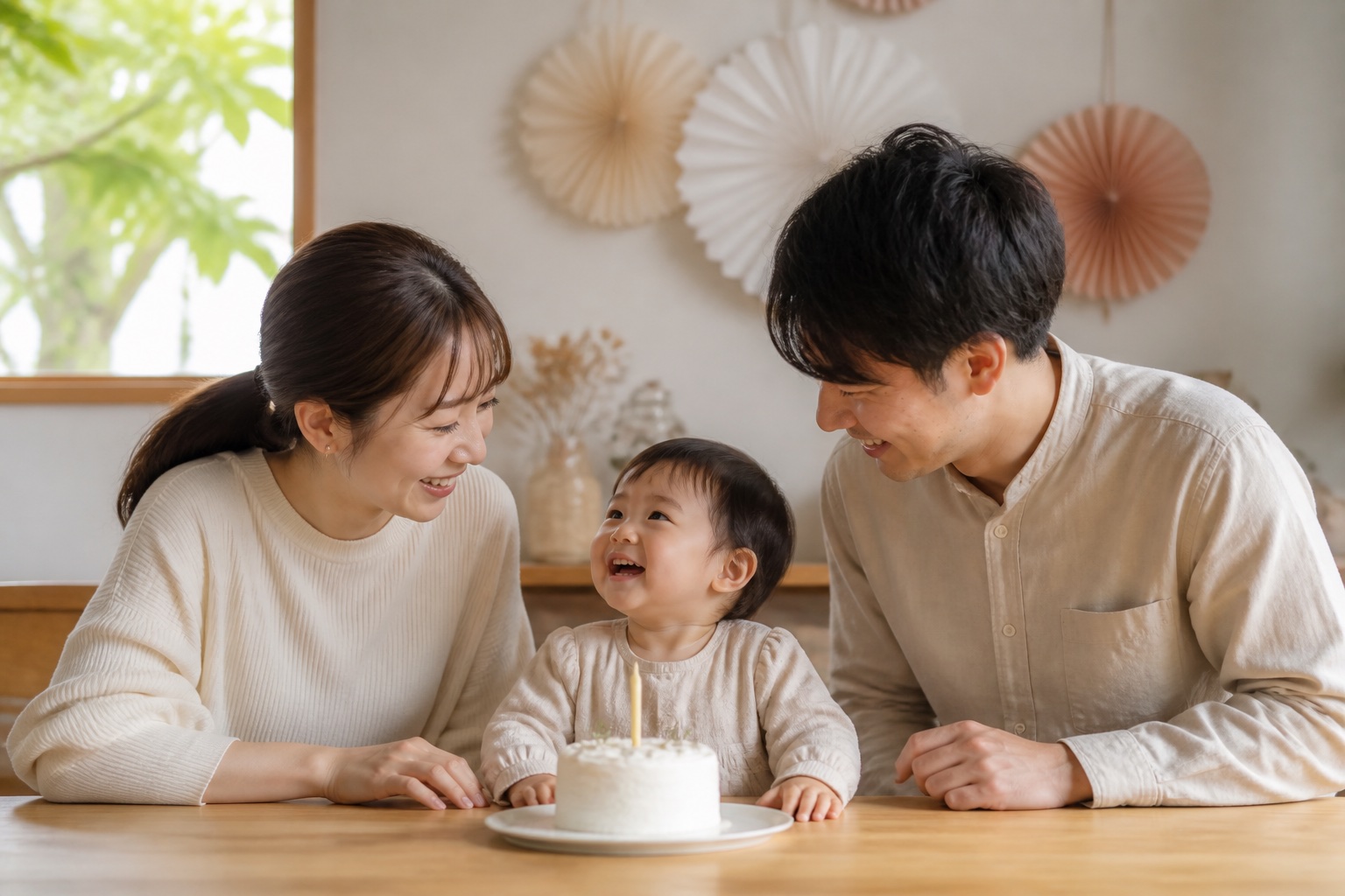 小さな誕生日ケーキを前に、笑顔を交わす幼児と両親