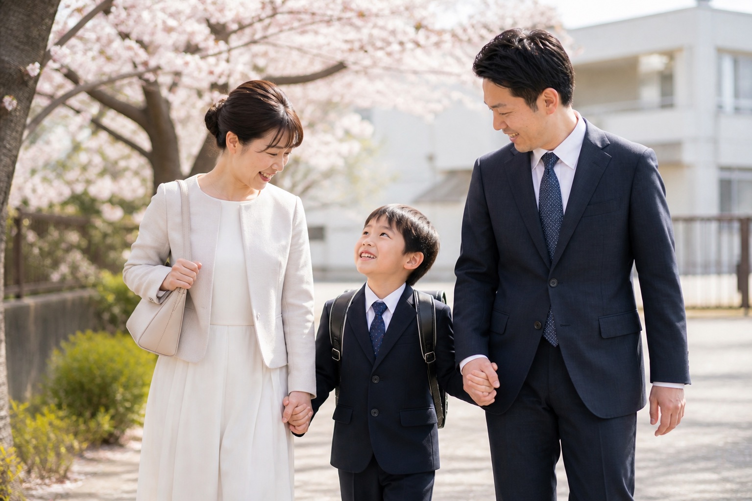 桜の下で、ランドセルを背負った子どもと手をつないで歩く両親