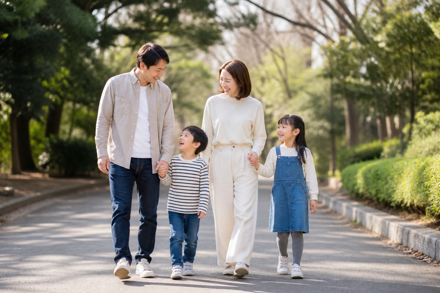 公園の小道で手をつなぎ、笑顔で歩く両親と二人の子ども