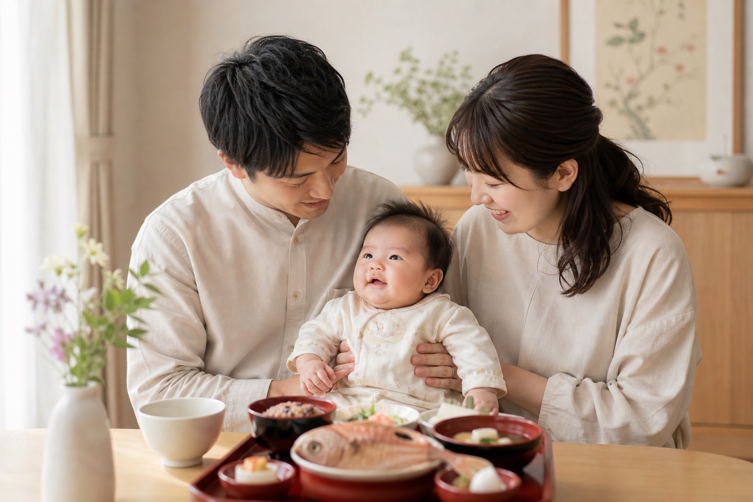 お食い初めの祝い膳を前に、赤ちゃんを囲んで微笑む両親