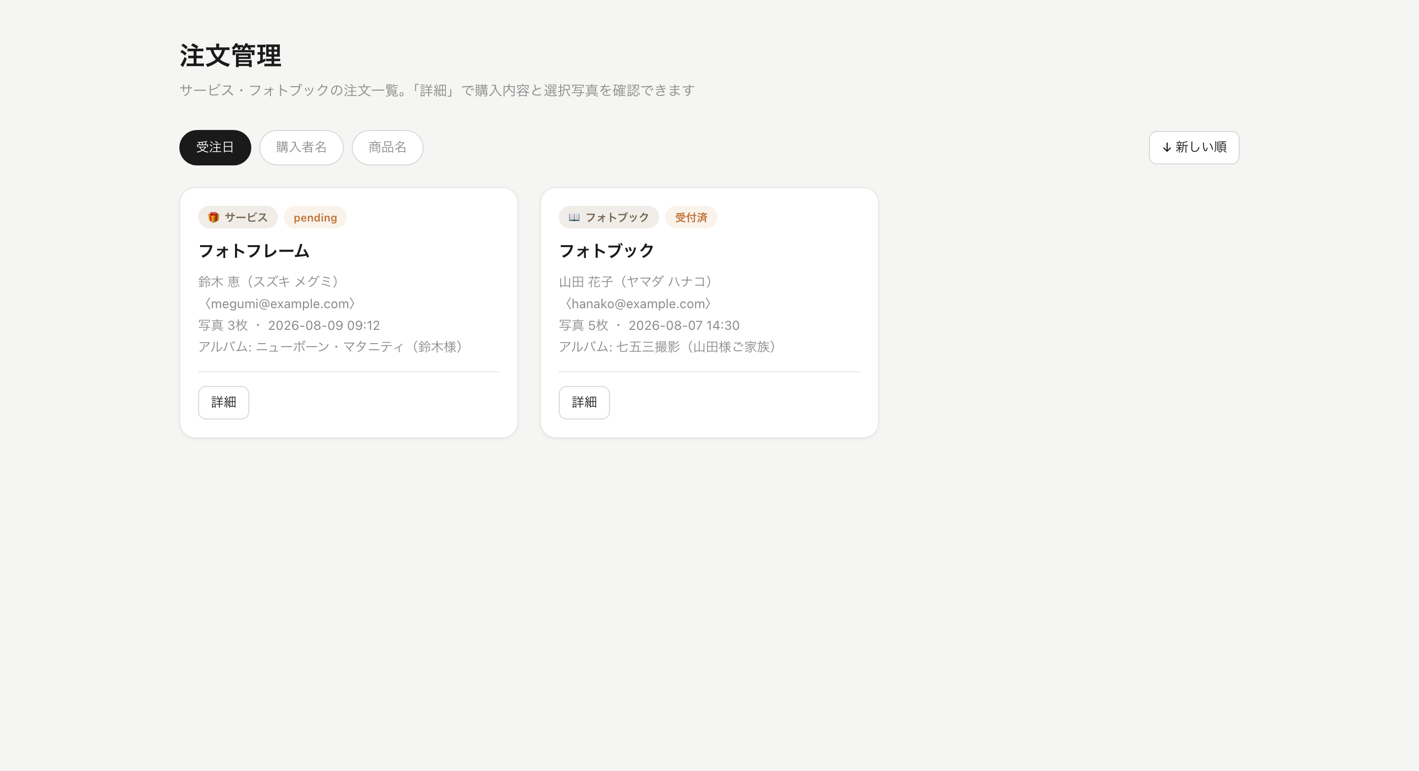 登録した写真商品の注文が一覧で並ぶ管理画面